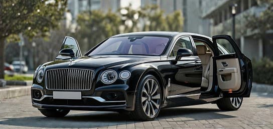 Black grand tourer with its door open on a city street